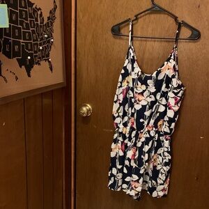 Charlotte Russe Navy Floral Romper with Pink & peach Accents